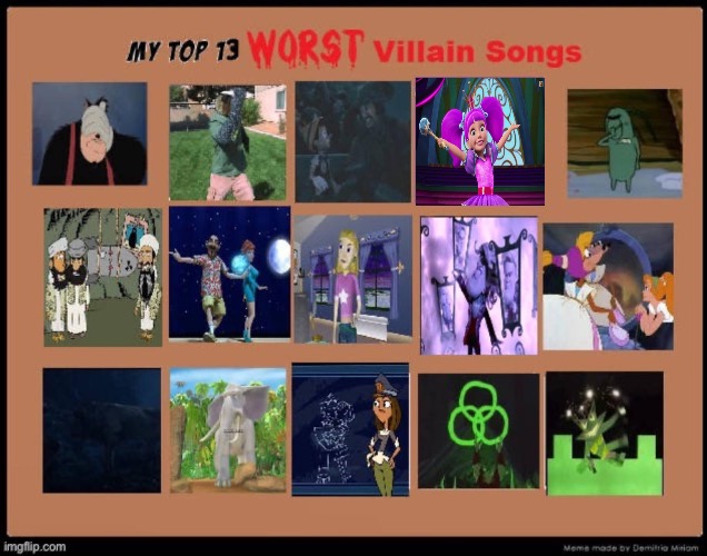 Top 13 Worst Villain Songs | image tagged in songs | made w/ Imgflip meme maker