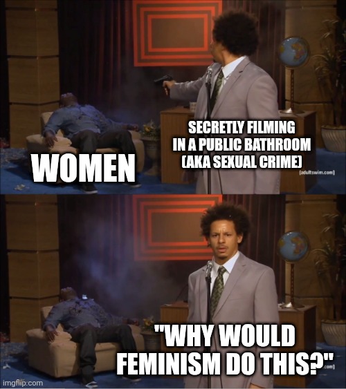 Who Killed Hannibal Meme | Secretly filming in a public bathroom (aka sexual crime); Women; "Why would feminism do this?" | image tagged in memes,who killed hannibal | made w/ Imgflip meme maker