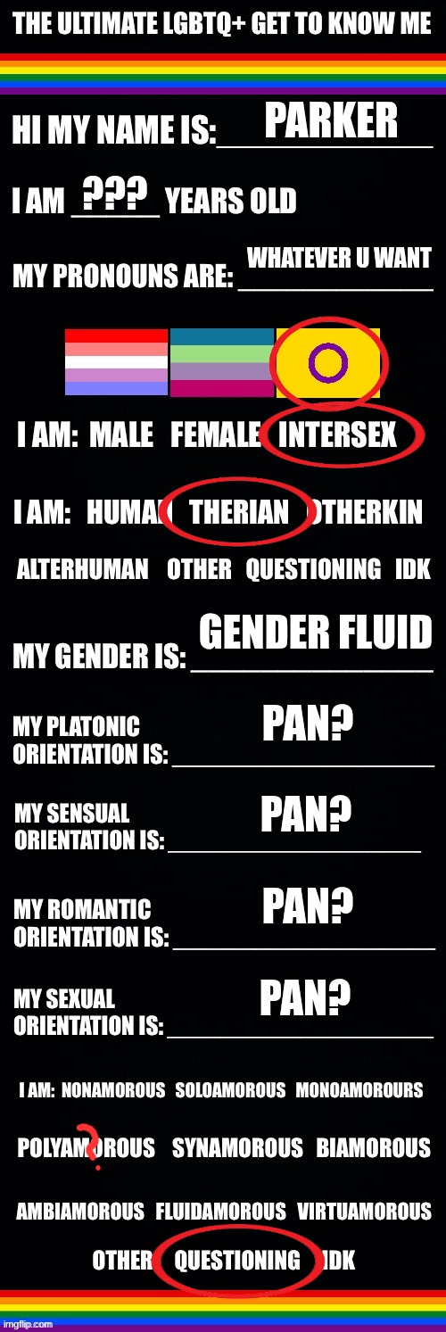idk bro, just leave me here | parker; ??? whatever u want; gender fluid; pan? pan? pan? pan? | image tagged in the ultimate lgbtq get to know me,lgbtq,pride,support,why are you reading the tags | made w/ Imgflip meme maker