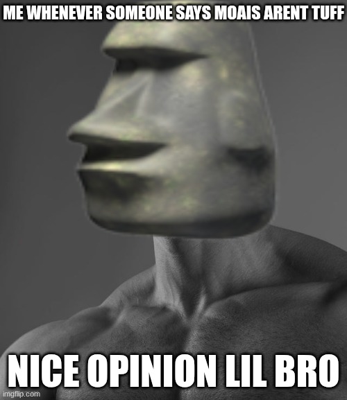 moaisssssssssssssss | Me whenever someone says moais arent tuff; nice opinion lil bro | image tagged in giga chad,moai,chad | made w/ Imgflip meme maker