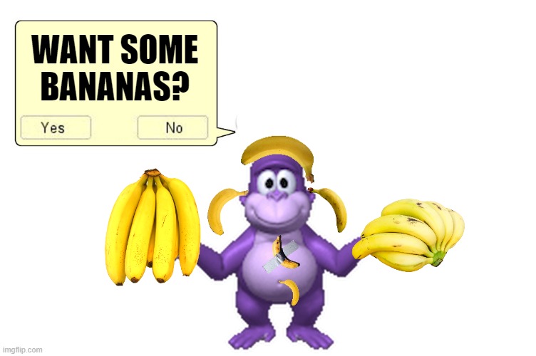 Bonzi has a question. | want some bananas? | image tagged in bonzi buddy template,purple,gorilla,bananas,banana | made w/ Imgflip meme maker