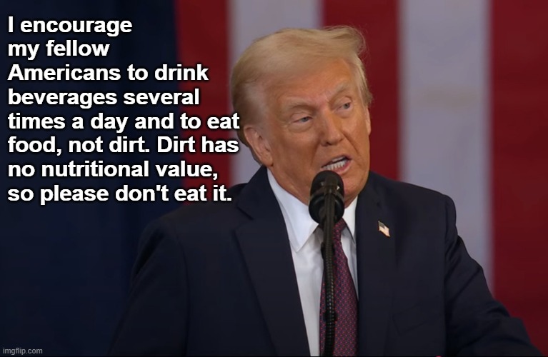 I encourage my fellow 
Americans to drink 
beverages several 
times a day and to eat 
food, not dirt. Dirt has 
no nutritional value, 
so please don't eat it. | image tagged in donald trump | made w/ Imgflip meme maker