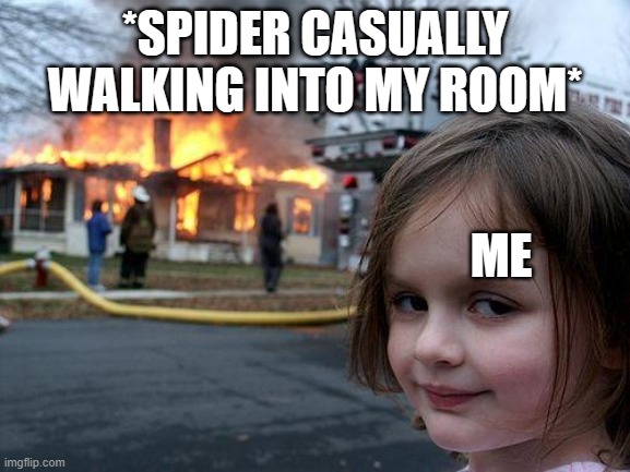 Disaster Girl | *Spider casually walking into my room*; Me | image tagged in memes,disaster girl | made w/ Imgflip meme maker