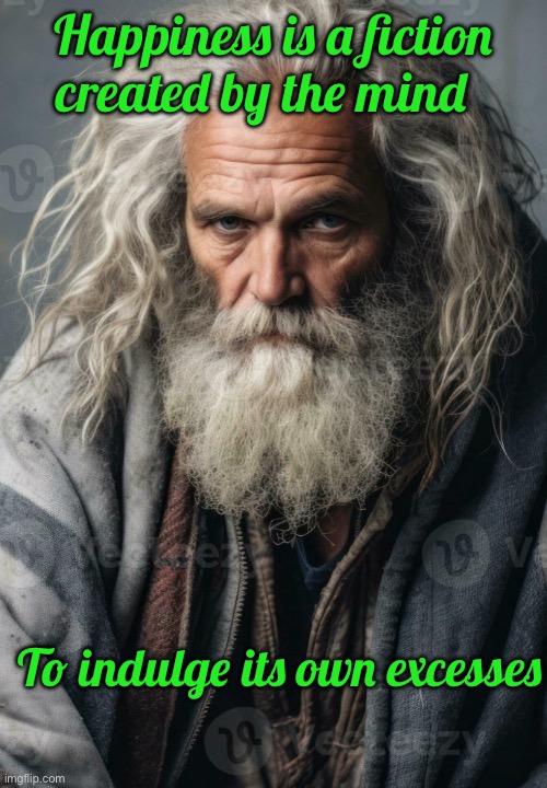 Happiness is a fiction created by the mind; To indulge its own excesses | image tagged in homeless | made w/ Imgflip meme maker
