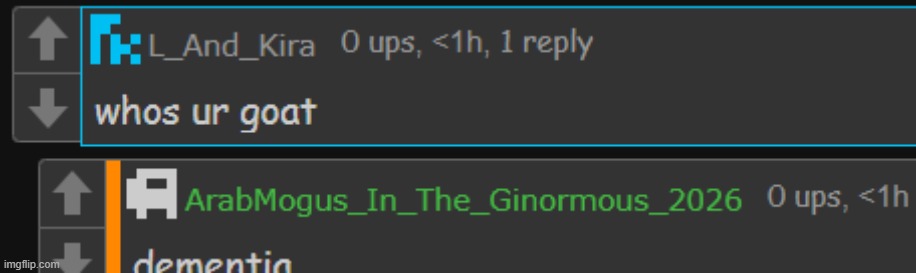 whos ur goat. dementia | image tagged in whos ur goat dementia | made w/ Imgflip meme maker