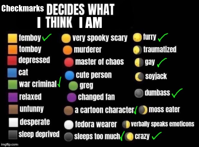 I’m checking describing who I am | Checkmarks; I am; I | image tagged in idfk,uhh | made w/ Imgflip meme maker