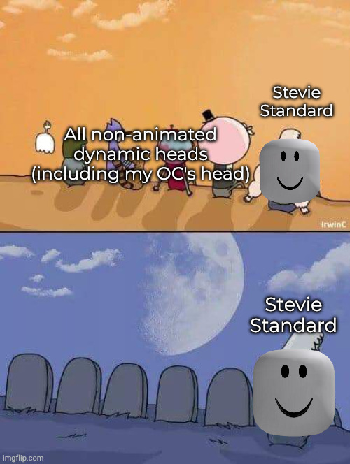 stevie standard in 2026 is unfunny | Stevie Standard; All non-animated dynamic heads (including my OC's head); Stevie Standard | image tagged in regular show graves | made w/ Imgflip meme maker