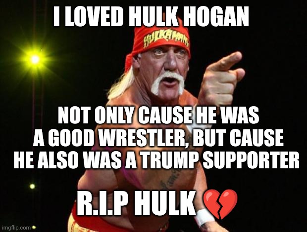 Rip Hulk... | I loved hulk Hogan; Not only cause he was a good wrestler, but cause he also was a trump supporter; R.i.p Hulk 💔 | image tagged in hulk hogan | made w/ Imgflip meme maker