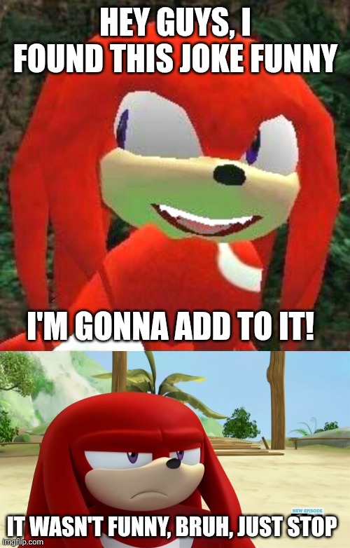 Hey guys, I found this joke funny I'm gonna add to it! It wasn't funny, bruh, just stop | image tagged in the face you make knuckles,knuckles is not impressed - sonic boom | made w/ Imgflip meme maker