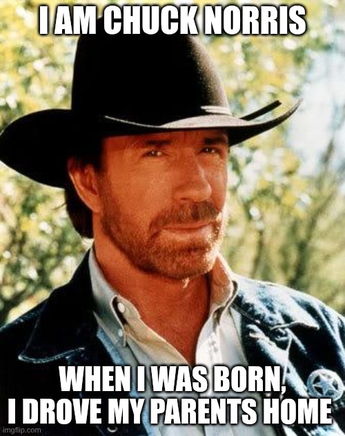 thank you | I am chuck norris; when I was born, I drove my parents home | image tagged in memes,chuck norris | made w/ Imgflip meme maker