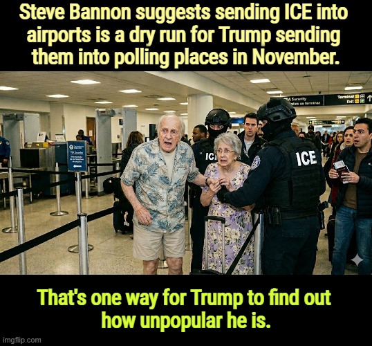 Steve Bannon suggests sending ICE into 
airports is a dry run for Trump sending 
them into polling places in November. That's one way for Trump to find out 
how unpopular he is. | image tagged in trump,fascist,dictator,ice,airports,tsa | made w/ Imgflip meme maker