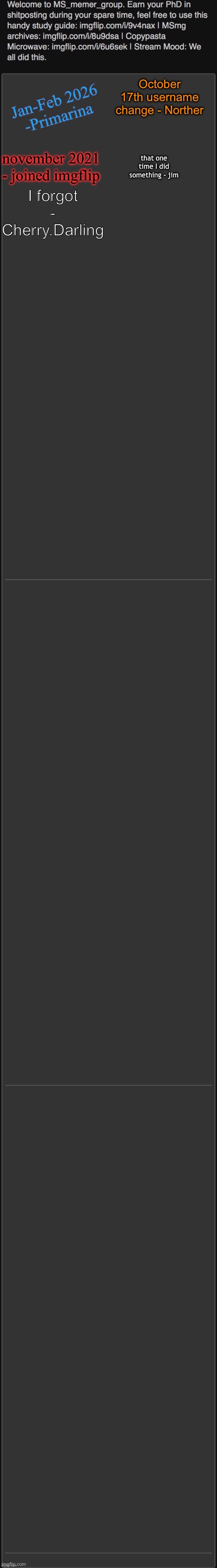 Remix but add your worst moment | October 17th username change - Norther; november 2021 - joined imgflip; that one time I did something - jim; I forgot - Cherry.Darling | image tagged in remix but add your worst moment | made w/ Imgflip meme maker