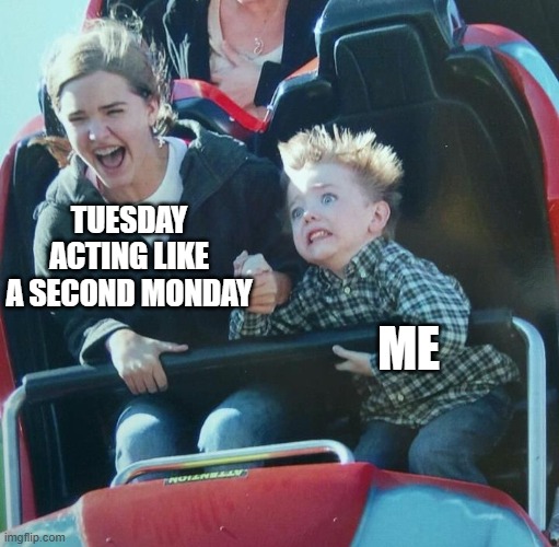 Tuesday | Tuesday acting like a second monday; Me | image tagged in rollercoaster higher self me,second monday | made w/ Imgflip meme maker