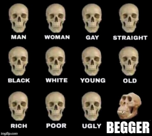 begger | image tagged in idiot skull | made w/ Imgflip meme maker