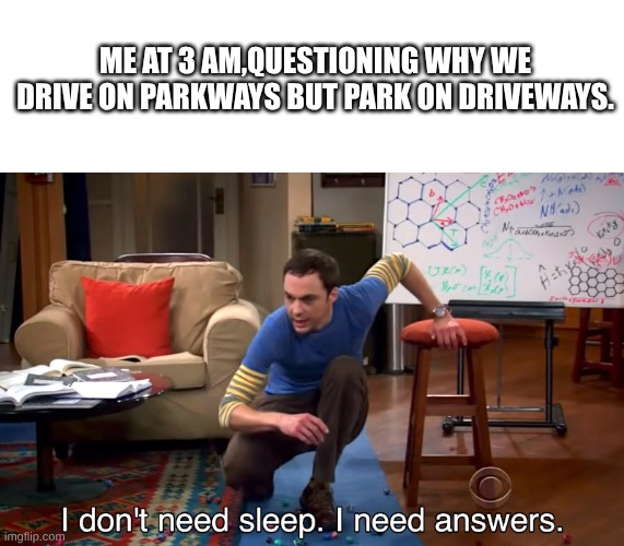 I Don't Need Sleep. I Need Answers | Me at 3 am,questioning why we drive on parkways but park on driveways. | image tagged in i don't need sleep i need answers | made w/ Imgflip meme maker
