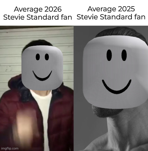 Average Fan vs Average Enjoyer | Average 2026 Stevie Standard fan Average 2025 Stevie Standard fan | image tagged in average fan vs average enjoyer | made w/ Imgflip meme maker