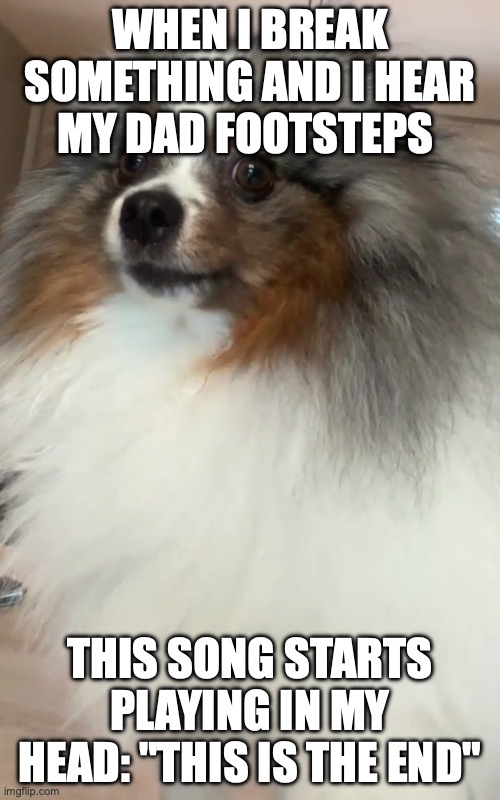 pom | when i break something and i hear my dad footsteps; this song starts playing in my head: "this is the end" | made w/ Imgflip meme maker