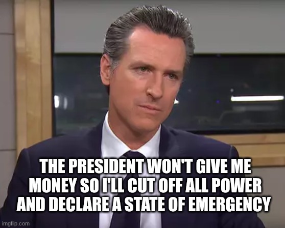 Governor California | the president won't give me money so i'll cut off all power and declare a state of emergency | image tagged in governor california | made w/ Imgflip meme maker