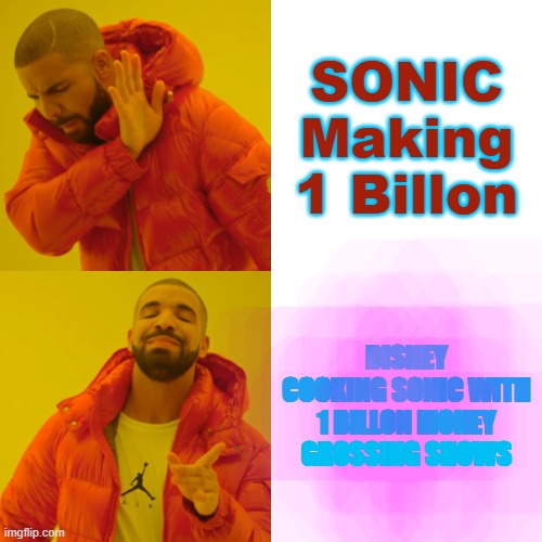 Sonic is cooked | SONIC Making 1 Billon; DISNEY COOKING SONIC WITH 1 BILLON MONEY GROSSING SHOWS | image tagged in memes,drake hotline bling | made w/ Imgflip meme maker