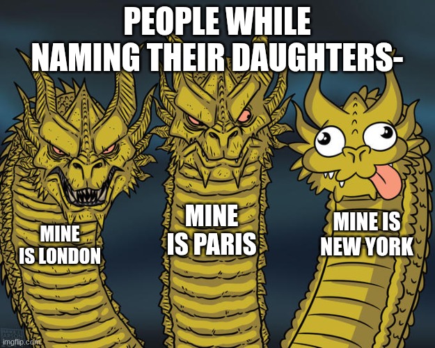 The truth! | People while naming their daughters-; Mine is paris; Mine is new york; Mine is london | image tagged in three-headed dragon | made w/ Imgflip meme maker