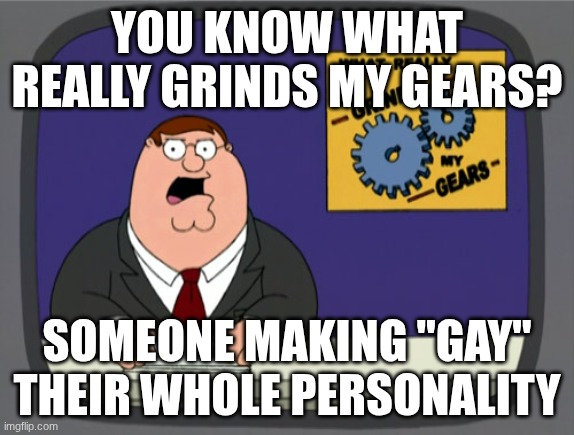 this is something I just find annoying as a gay person myself | you know what really grinds my gears? someone making "gay" their whole personality | image tagged in memes,peter griffin news | made w/ Imgflip meme maker