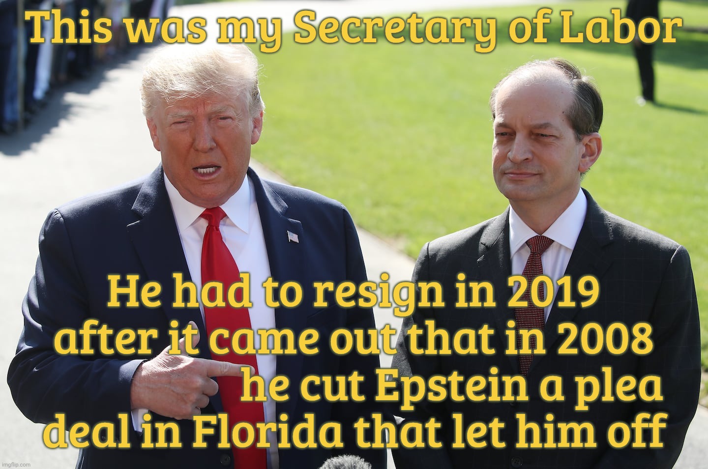 This was my Secretary of Labor; He had to resign in 2019
after it came out that in 2008
                     he cut Epstein a plea
deal in Florida that let him off | made w/ Imgflip meme maker