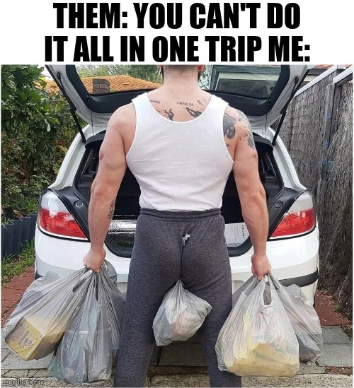 Them You Can't Do It All In One Trip | Them: you can't do it all in one trip Me: | image tagged in chrisjoines1 | made w/ Imgflip meme maker