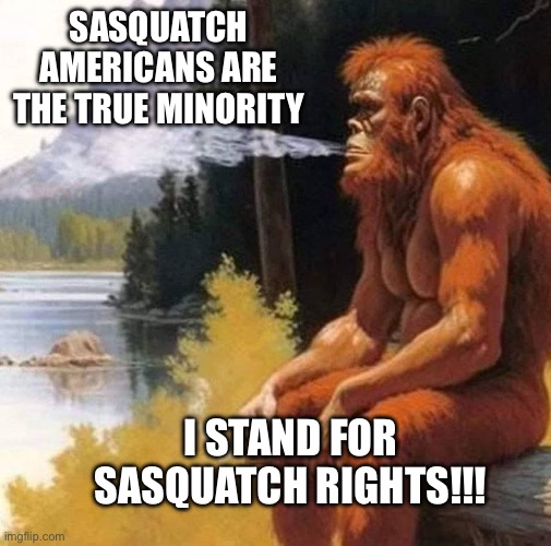 So marginalized no one even cares | Sasquatch Americans are the true minority; I stand for Sasquatch rights!!! | image tagged in sasquatch,american,civil rights,now,bigfoot,stereotypes | made w/ Imgflip meme maker