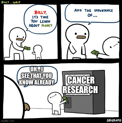 Billy no | cancer research; oh... I see that you know already | image tagged in billy no | made w/ Imgflip meme maker
