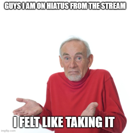 i am on hiatus right now | guys i am on hiatus from the stream; i felt like taking it | image tagged in guess i'll die | made w/ Imgflip meme maker