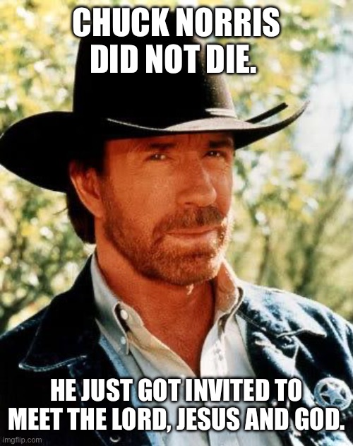 Chuck Norris | Chuck Norris Did not die. He just got invited to meet The Lord, Jesus and God. | image tagged in memes,chuck norris | made w/ Imgflip meme maker