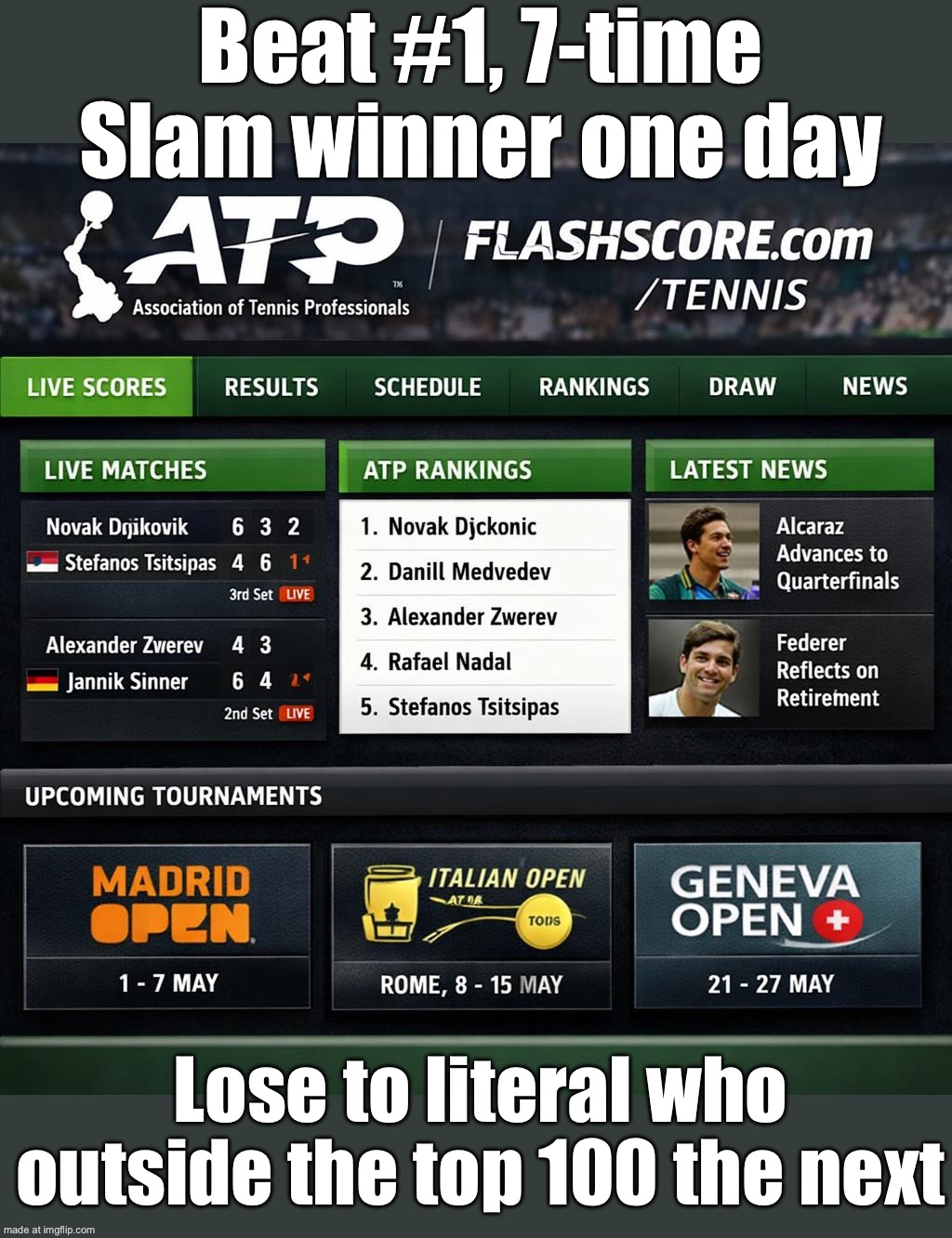 Beat #1, 7-time Slam winner one day; Lose to literal who outside the top 100 the next | Beat #1, 7-time Slam winner one day; Lose to literal who outside the top 100 the next | image tagged in association of tennis professionals,championship,matches,tennis,sports fans,sports | made w/ Imgflip meme maker