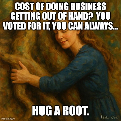 Hug a root! | Cost of doing business getting out of hand?  You voted for it, you can always... Hug a root. | image tagged in erika kirk hugging a root | made w/ Imgflip meme maker
