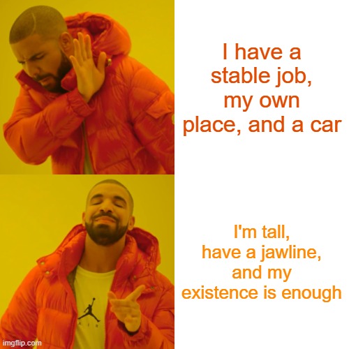 Drake Hotline Bling | I have a stable job, my own place, and a car; I'm tall, have a jawline, and my existence is enough | image tagged in memes,drake hotline bling | made w/ Imgflip meme maker