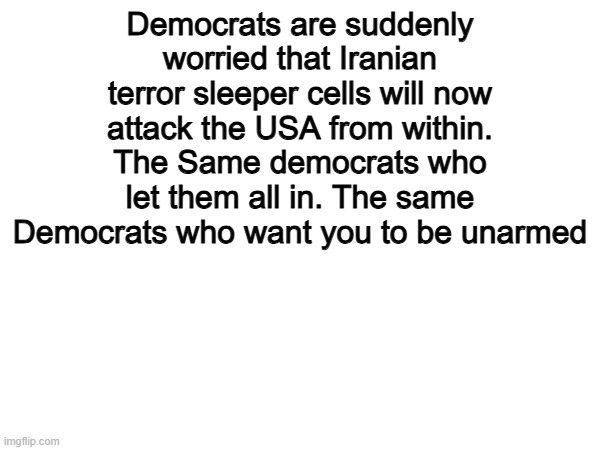 The entire democrat party is a lie. | Democrats are suddenly worried that Iranian terror sleeper cells will now attack the USA from within.
The Same democrats who let them all in. The same Democrats who want you to be unarmed | image tagged in memes,funny,democrats,politics,political meme,so true | made w/ Imgflip meme maker