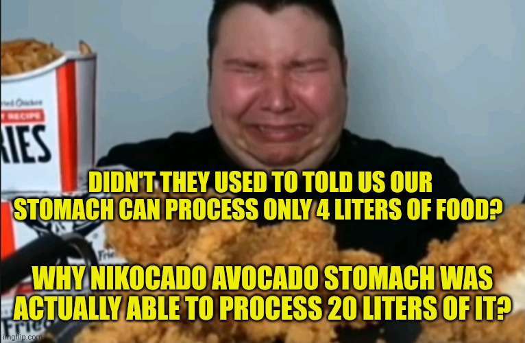 Cuando estas cominedo y recuerdas | Didn't they used to told us our stomach can process only 4 liters of food? Why nikocado avocado stomach was actually able to process 20 liters of it? | image tagged in cuando estas cominedo y recuerdas | made w/ Imgflip meme maker