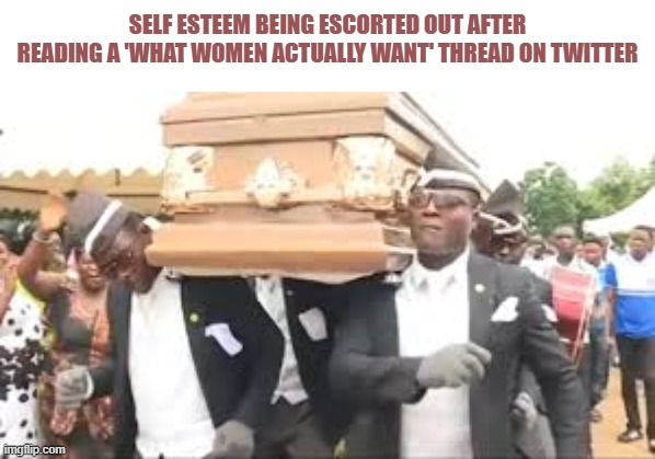 Coffin dance | self esteem being escorted out after reading a 'what women actually want' thread on Twitter | image tagged in coffin dance | made w/ Imgflip meme maker