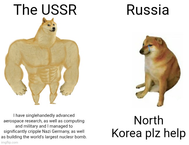 Buff Doge vs. Cheems Meme | The USSR; Russia; I have singlehandedly advanced aerospace research, as well as computing and military and I managed to significantly cripple Nazi Germany, as well as building the world's largest nuclesr bomb. North Korea plz help | image tagged in memes,buff doge vs cheems | made w/ Imgflip meme maker