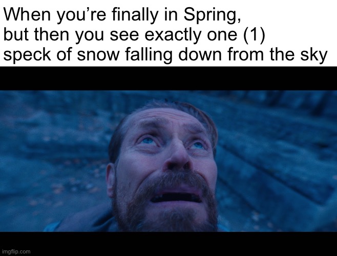 willem dafoe looking up | When you’re finally in Spring, but then you see exactly one (1) speck of snow falling down from the sky | image tagged in willem dafoe looking up | made w/ Imgflip meme maker