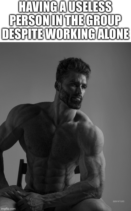 Giga Chad | Having a useless person in the group despite working alone | image tagged in giga chad | made w/ Imgflip meme maker