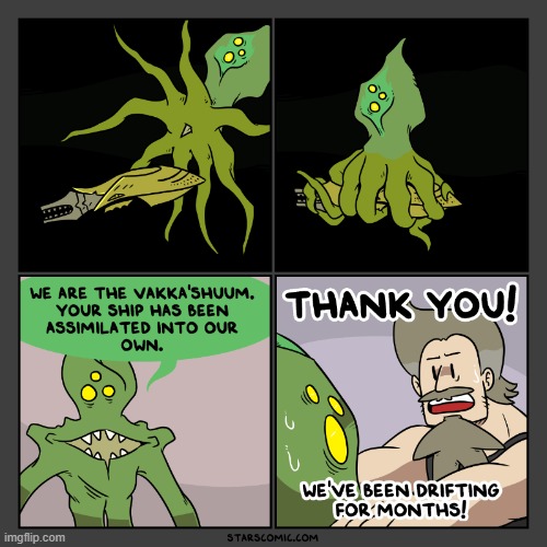 image tagged in stars,spaceship,alien,assimilated,thank you,yikes | made w/ Imgflip meme maker