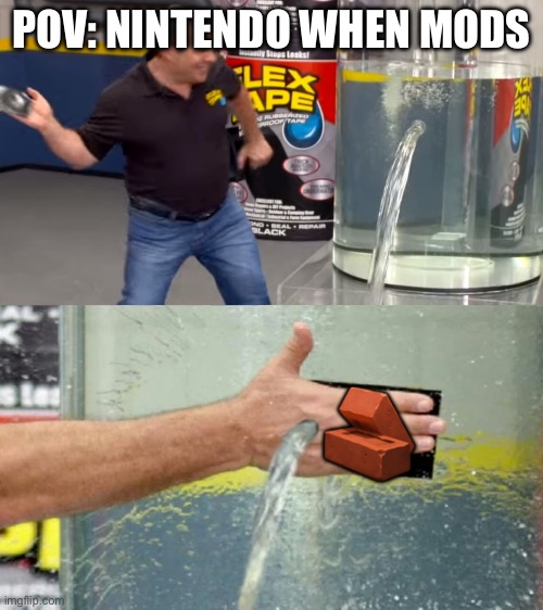 Flex Seal Still Leaking | Pov: Nintendo when mods; 🧱 | image tagged in flex seal still leaking | made w/ Imgflip meme maker