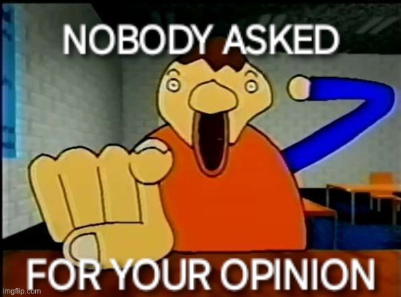 NOBODY ASKED FOR YOUR OPINION | image tagged in nobody asked for your opinion | made w/ Imgflip meme maker