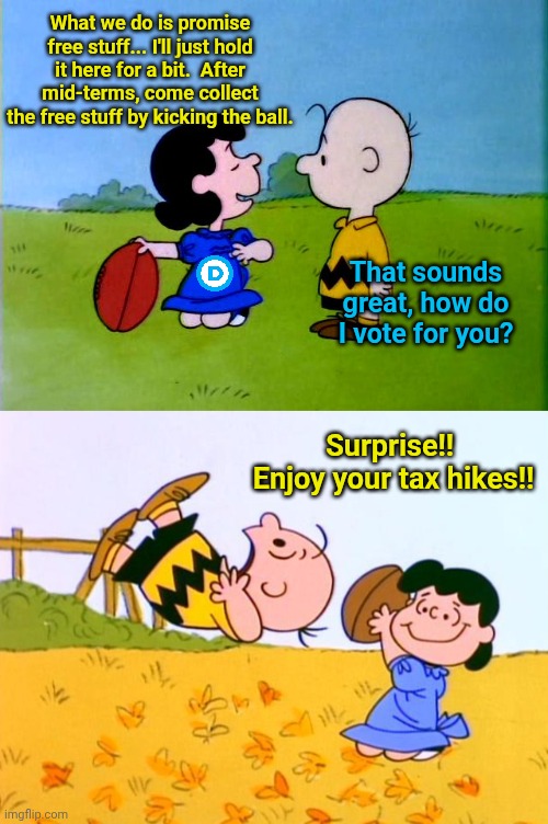 How to be a Democrat Politician | What we do is promise free stuff... I'll just hold it here for a bit.  After mid-terms, come collect the free stuff by kicking the ball. That sounds great, how do I vote for you? Surprise!!  Enjoy your tax hikes!! | image tagged in peanuts football,charlie brown kicking a football | made w/ Imgflip meme maker