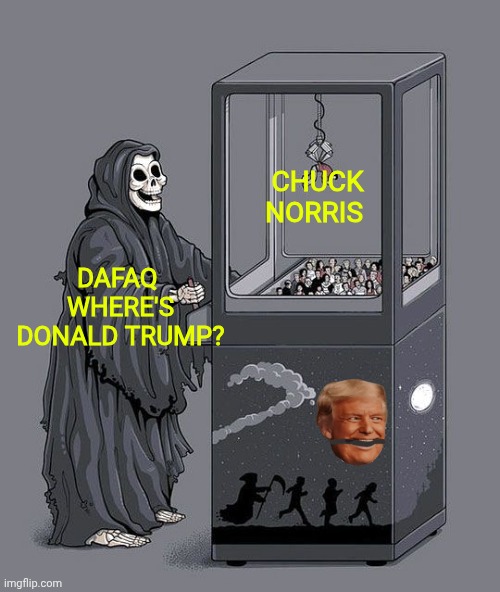 Grim Reaper Claw Machine | Chuck Norris; DAFAQ 
where's Donald Trump? | image tagged in grim reaper claw machine,chuck norris,chuck norris approves,donald trump,president trump | made w/ Imgflip meme maker