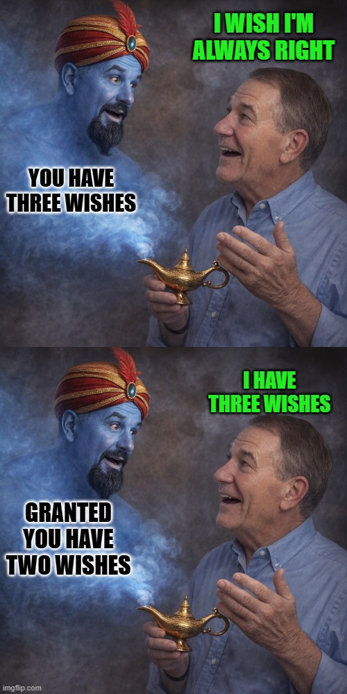 I wish I'm always right; you have three wishes; I have three wishes; Granted
you have two wishes | made w/ Imgflip meme maker