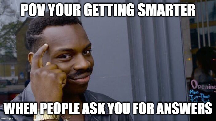 POV your getting smarter | POV your getting smarter; When people ask you for answers | image tagged in memes,roll safe think about it | made w/ Imgflip meme maker