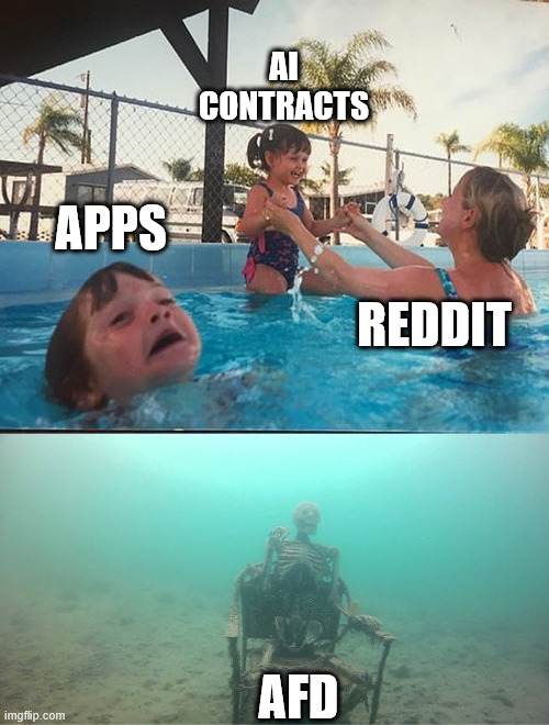 drowning kid + skeleton | ai Contracts; apps; reddit; AFD | image tagged in drowning kid skeleton | made w/ Imgflip meme maker