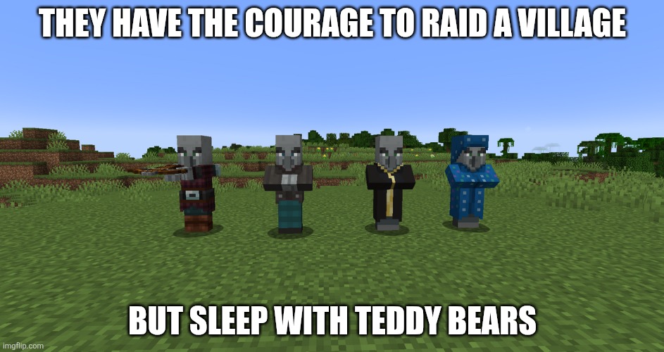 Illagers | They have the courage to raid a village; But sleep with teddy bears | image tagged in illagers | made w/ Imgflip meme maker