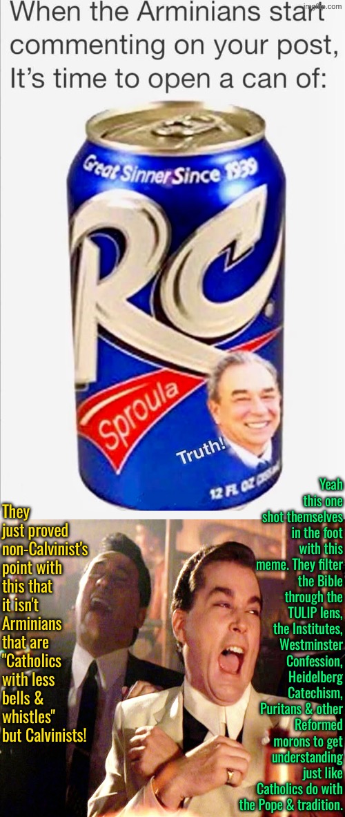 Thanks for proving Non-Calvinist's point with your idolatry of Sproul meme | Yeah this one shot themselves in the foot with this meme. They filter the Bible through the TULIP lens, the Institutes, Westminster Confession, Heidelberg Catechism, Puritans & other Reformed morons to get understanding just like Catholics do with the Pope & tradition. They just proved non-Calvinist's point with this that it isn't Arminians that are "Catholics with less bells & whistles" but Calvinists! | image tagged in calvinism,calvinist memes,reformed theology,r c sproul,arminian,goodfellas laugh | made w/ Imgflip meme maker